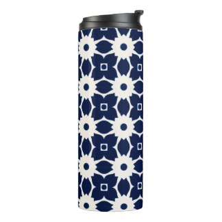 Marine Blauw en Wit Geometrische Bloemen Thermosbeker