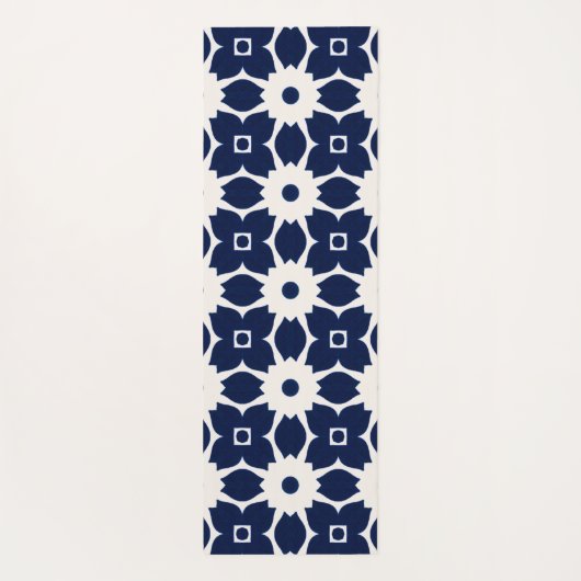 Marine Blauw en Wit Geometrische Bloemen Yogamat (Achterkant)