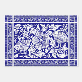 Marine Blauw en Wit Indiaas Bloempatroon Inpakpapier Vel
