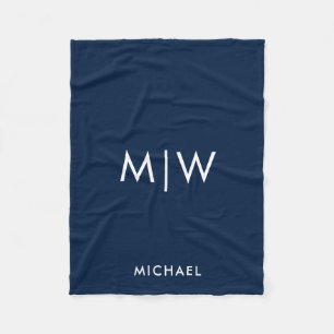 Marine blauw en wit Modern monogram fleece blanc Deken