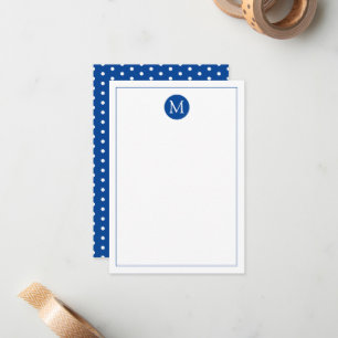Marine Blauw en Wit Polka Dot Monogram Notitiekaartje