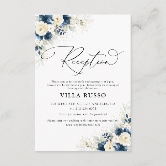 Marine Blauw en Wit Rozen Bruiloft Receptie Informatiekaartje (Voorkant)