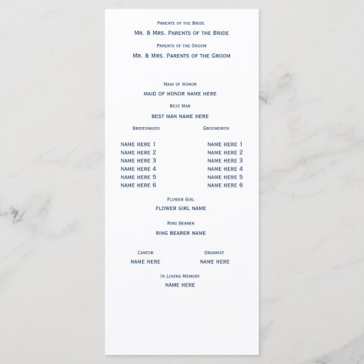 Marine Blauw en Wit Trouwprogramma Programma (Achterkant)