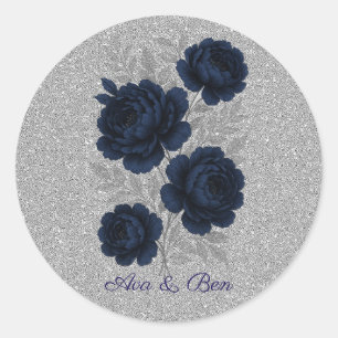 Marine Blauw en Zilver Glitter Bladeren Huwelijk Ronde Sticker