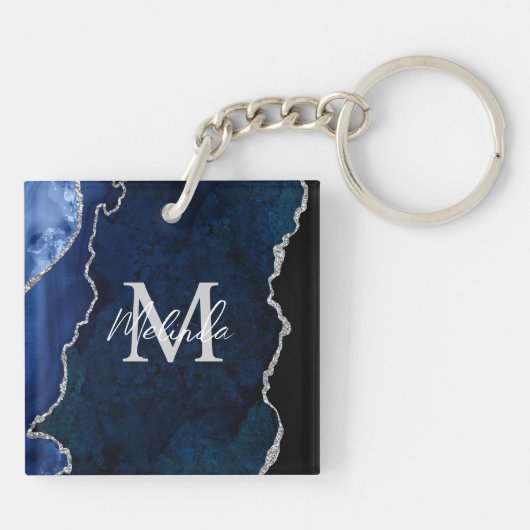 Marine Blauw en Zilver Marmeren Agaat Sleutelhanger (Achterkant)