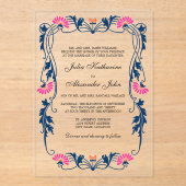 Marine Blauw & Fuchsia Bloemen Wervelingen Acryl Uitnodigingen (Voorkant)