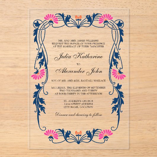 Marine Blauw & Fuchsia Bloemen Wervelingen Acryl Uitnodigingen (Voorkant)