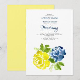 Marine Blauw Geel Bloemen Zomer Bruiloft Kaart