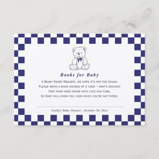 Marine Blauw Geruite Teddybeer-Onze kleine welp bo Informatiekaartje (Voorkant)