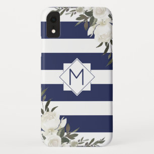 Marine Blauw Gestreepte Bloemen Monogram met Witte iPhone XR Hoesje
