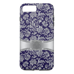 Marine Blauw & Glanzend Zilver Bloemen Damasks iPhone 8 Plus / 7 Plus Hoesje