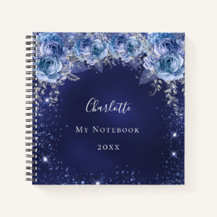 Marine blauw glitter bloemen naam dagboek notitieboek