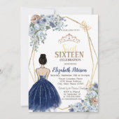 Marine Blauw Glitter Jurk, Blauwe Bloemen Zoet 16 Kaart (Voorkant)