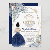 Marine Blauw Glitter Jurk, Blauwe Bloemen Zoet 16 Kaart (Voorkant / Achterkant)