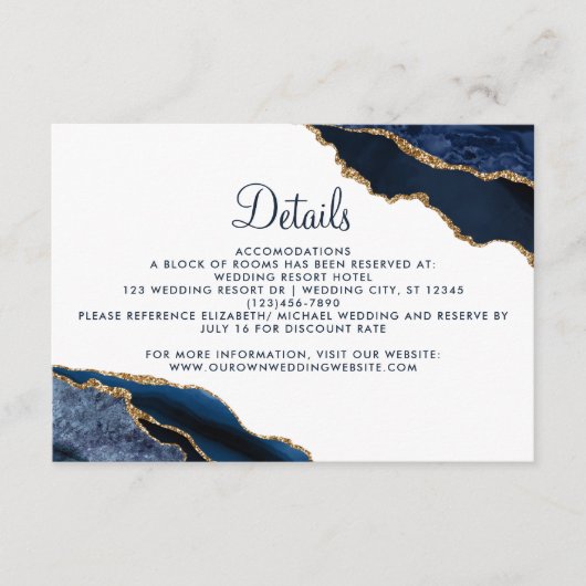 Marine Blauw Goud Agaat Elegant Bruiloft Details Informatiekaartje (Voorkant)