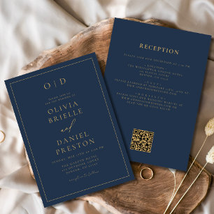 Marine Blauw Goud Alles in één QR Code Huwelijk Kaart
