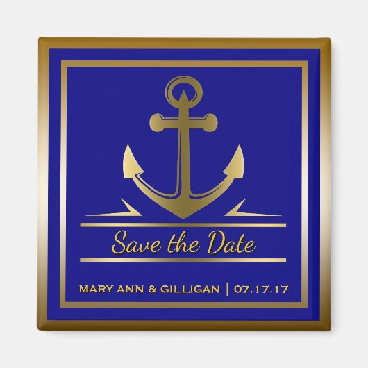 Marine Blauw Goud Anker Nautische Bruiloft Opslaan Magneet (Voorkant)