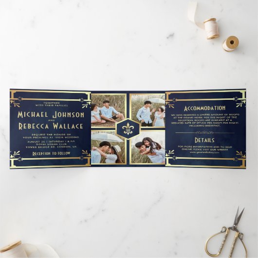 Marine Blauw Goud Art Deco Fotocollage Huwelijk Drieluik Uitnodiging (Binnen)