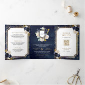 Marine Blauw Goud Bloemen Alles in Een Kreeft Huwe Drieluik Uitnodiging (Binnen)