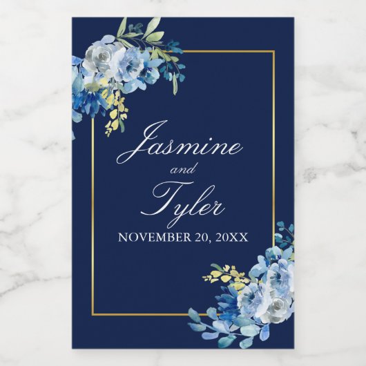 Marine Blauw Goud Bloemen Elegante Avond Bruiloft Wijn Etiket (Enkel label)