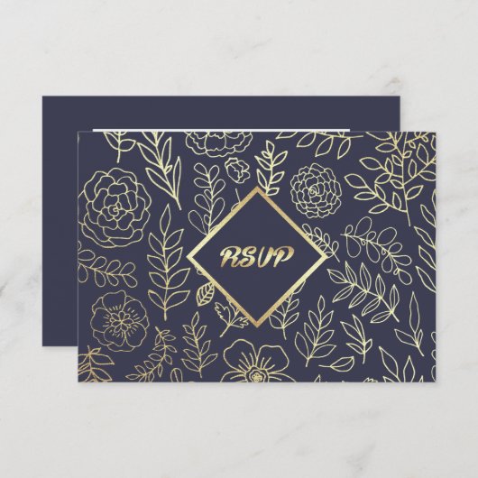 Marine Blauw | Goud Bloemen Patroon Bruiloft RSVP (Voorkant / Achterkant)
