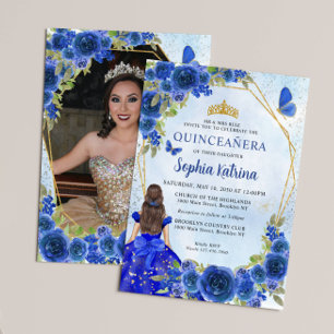 Marine Blauw Goud Bloemen Prinses Quinceañera Foto Kaart