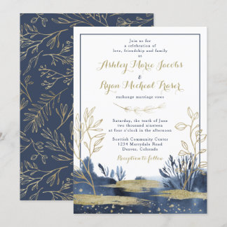 Marine Blauw Goud Boho Bloemen Huwelijksuitnodigin Kaart
