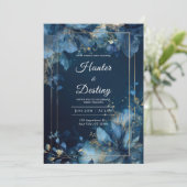 Marine Blauw Goud Botanische Huwelijksuitnodiging Kaart (Staand voorkant)