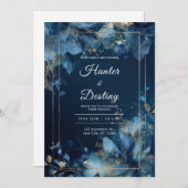 Marine Blauw Goud Botanische Huwelijksuitnodiging Kaart (Voorkant / Achterkant)