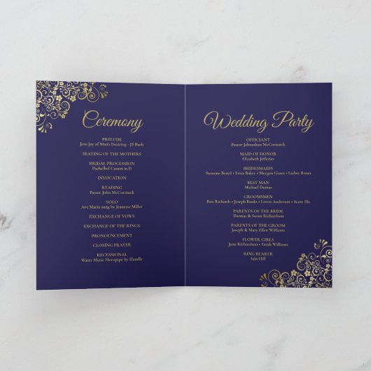 Marine Blauw & Goud Bruiloft Uitnodiging & Program (Binnen)