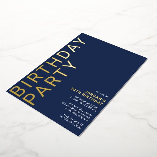 Marine blauw & goud | Cool Modern Any Age Verjaard Folie Uitnodiging (Gedraaid)