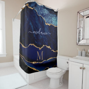 Marine Blauw Goud Custom Letter Naam Douchegordijn
