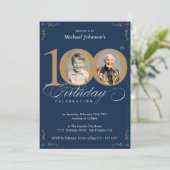 Marine Blauw Goud Custom Photo 100e Verjaardagsfee Kaart (Staand voorkant)
