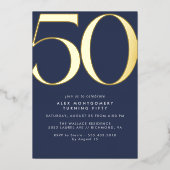 Marine blauw & goud | Eenvoudige moderne 50ste ver Folie Uitnodiging (Voorkant)