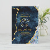 Marine Blauw Goud Folie Agaat Gilt Bruiloft Uitnod Kaart (Staand voorkant)