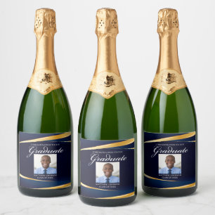 Marine Blauw Goud Formele Foto Afstudeerfeest Sparkling Wijnetiket