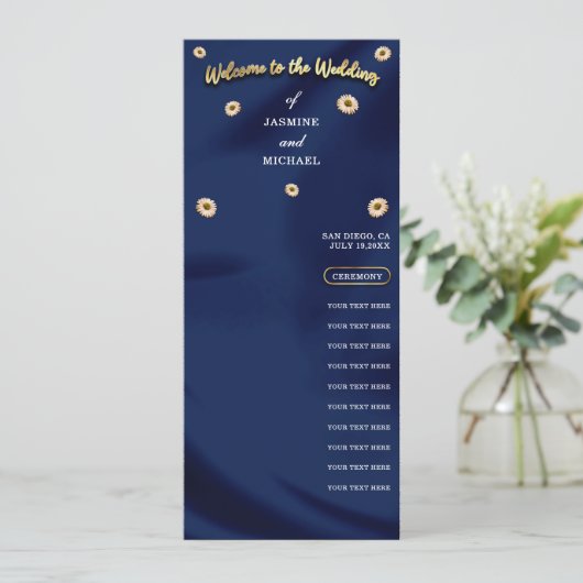 Marine Blauw Goud Ivoor Beige Bloemen Trouwprogram (Staand voorkant)