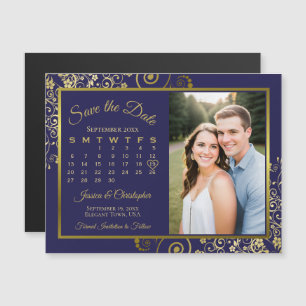 Marine Blauw & Goud Kalender Foto Opslaan Datum Ma Magnetische Uitnodiging