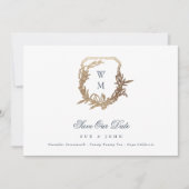 Marine Blauw Goud Klassiek Monogram Crest Bruiloft Save The Date (Voorkant)
