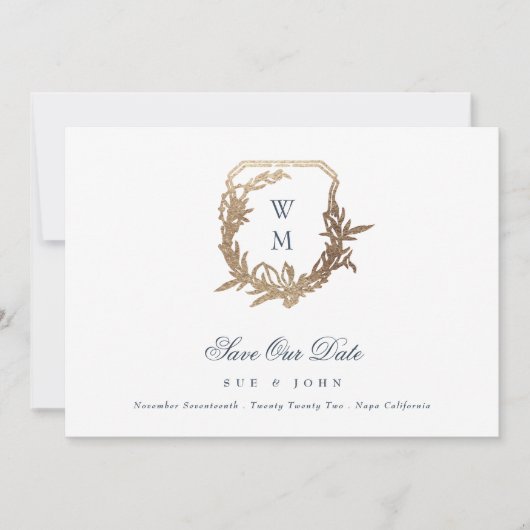 Marine Blauw Goud Klassiek Monogram Crest Bruiloft Save The Date (Voorkant)