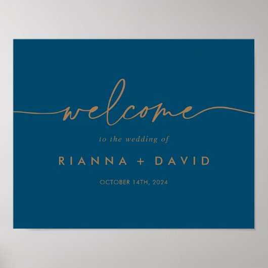 Marine Blauw Goud Klassieke Bruiloft Welkomstbord Poster (Voorkant)
