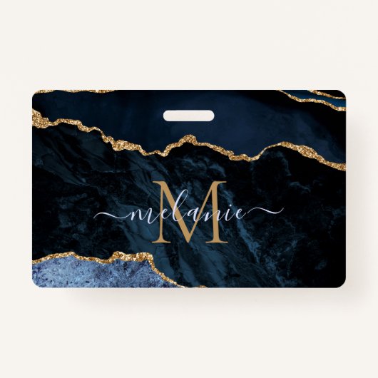 Marine Blauw Goud Marmer Aangepaste Letter Naam Ba Badge (Voorkant)