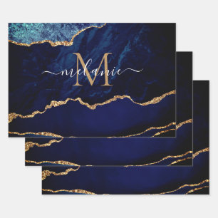 Marine Blauw Goud Marmer Custom Naam Verpakking Pa Inpakpapier Vel