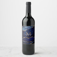 Marine Blauw Goud Marmer Monogram Naam Fles Labels