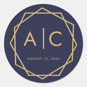 Marine Blauw & Goud Moderne Geometrische Bruiloft  Ronde Sticker