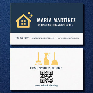 Marine Blauw & Goud QR Code Huis Schoonmaakdienste Visitekaartje