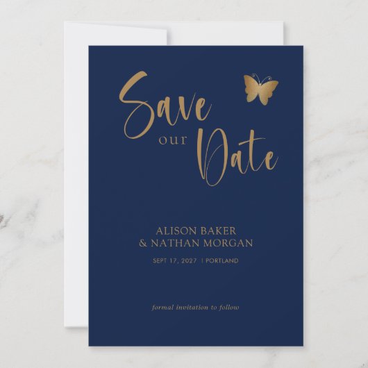 Marine blauw & goud script: Glitter vlinder bruilo Save The Date (Voorkant)