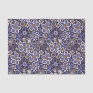 Marine Blauw, Goud, Witte grillige Bloemen Tissuepapier