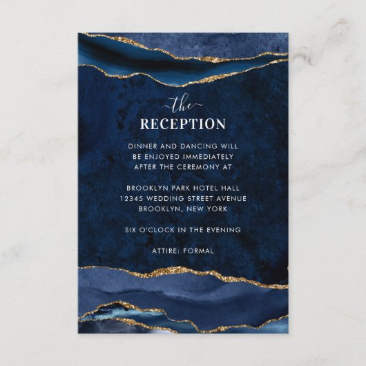 Marine Blauw Gouden Folie Agaat Geode Bruiloft Rec Informatiekaartje (Voorkant)