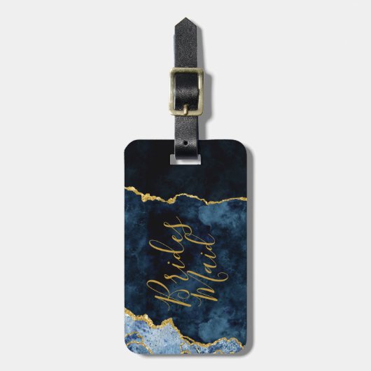 Marine Blauw & Gouden Folie Agaat Marmer Bruidsmei Bagagelabel (Voorkant verticaal)